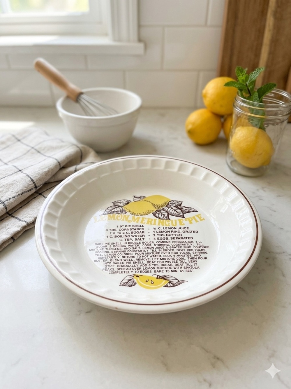 Lemon Meringue Pie Ceramic Pie Dish with Recipe - White Yellow Accent